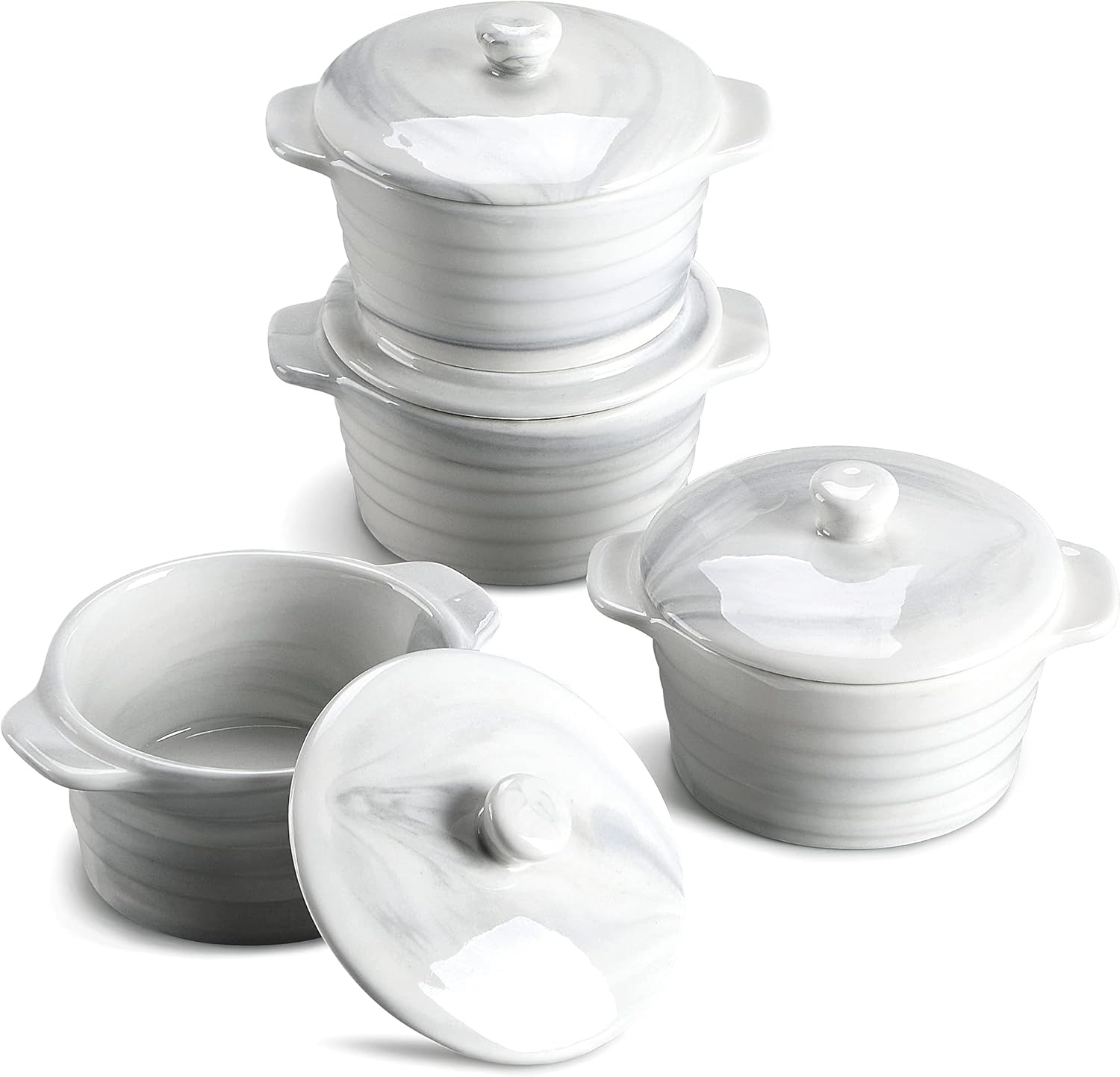Malacasa Porcelain Ramekin with Lid 10 oz, Mini Cocotte Set of 4