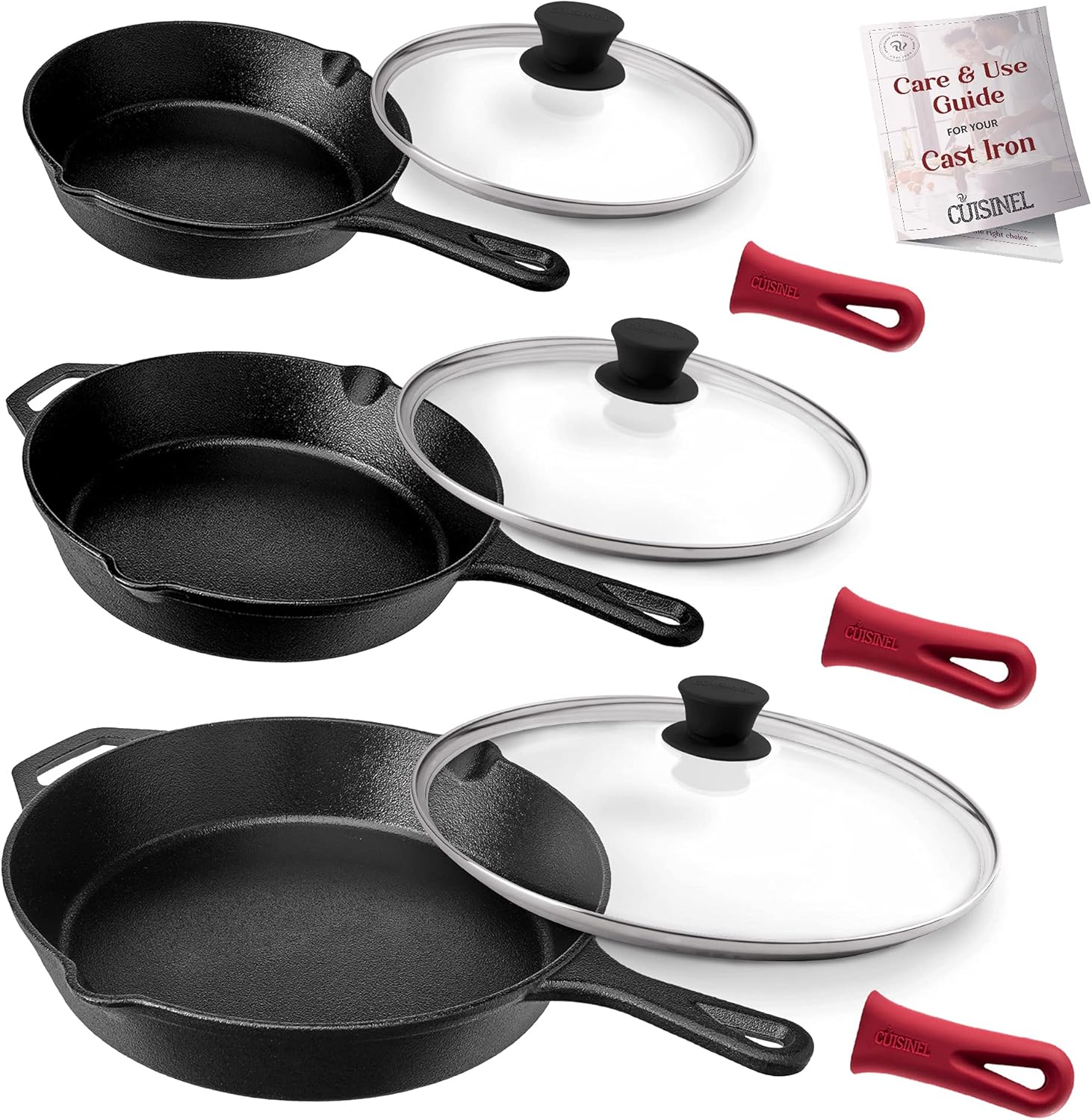 Cuisinel Cast Iron Skillet Set + Glass Lids 8"+10"+12"Inch Frying Pans + Silicone Handle