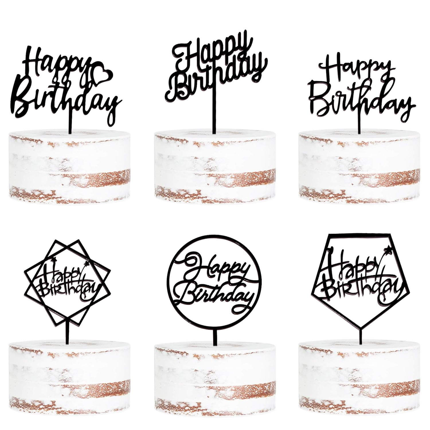 Generic 6Pack Black Birthday Cake Topper Set, DoubleSided Shiny Black